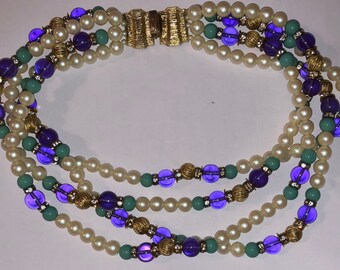 Vintage Faux Pearl and Amethyst Beaded Quadruple Strand Jewel Choker Necklace MidCentury Designer Beaded Necklace Signed