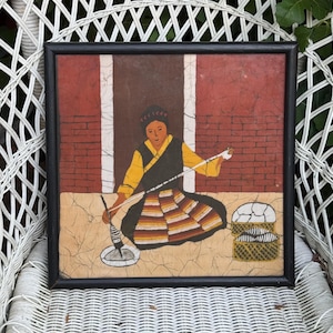 Beautiful Handmade Original Batik of Asian Woman Weaver Framed