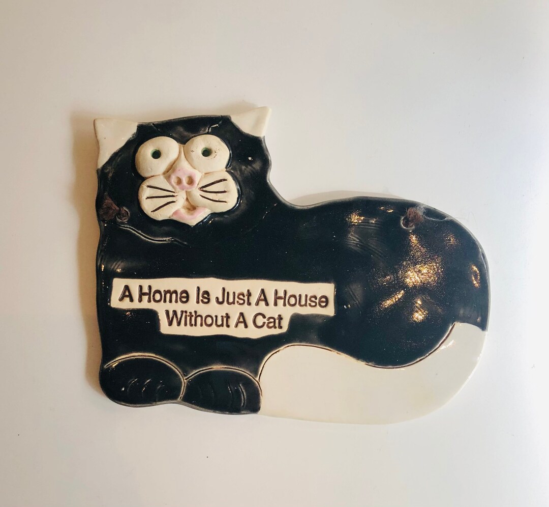 1990s Vintage Ceramic Black Cat Wall Plaque home is a Etsy
