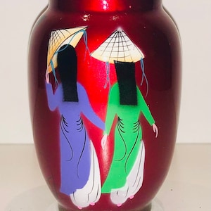 Unusual Hand Painted Lacquered Japanese Bud Vase Red Vase Ladies in Traditional Asian Hats Walking Holding Hands Turned Wooden Red Lacquered