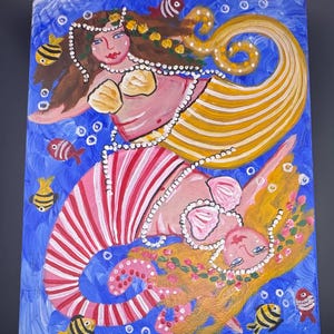 Whimsical Renie Britenbucher Folk Art Painting on Canvas Two Mermaids 2005 Original Signed Nautical Fantasy Wall Art