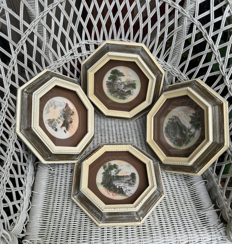 Vintage MCM Octagonal Framed European Scenic Print Set of 4 River