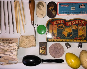 Vintage Sewing Collectibles Junk Drawer Estate Collage Destash Crochet Tatting Darning Eggs Measuring Tape Needle Book Thimbles Notions