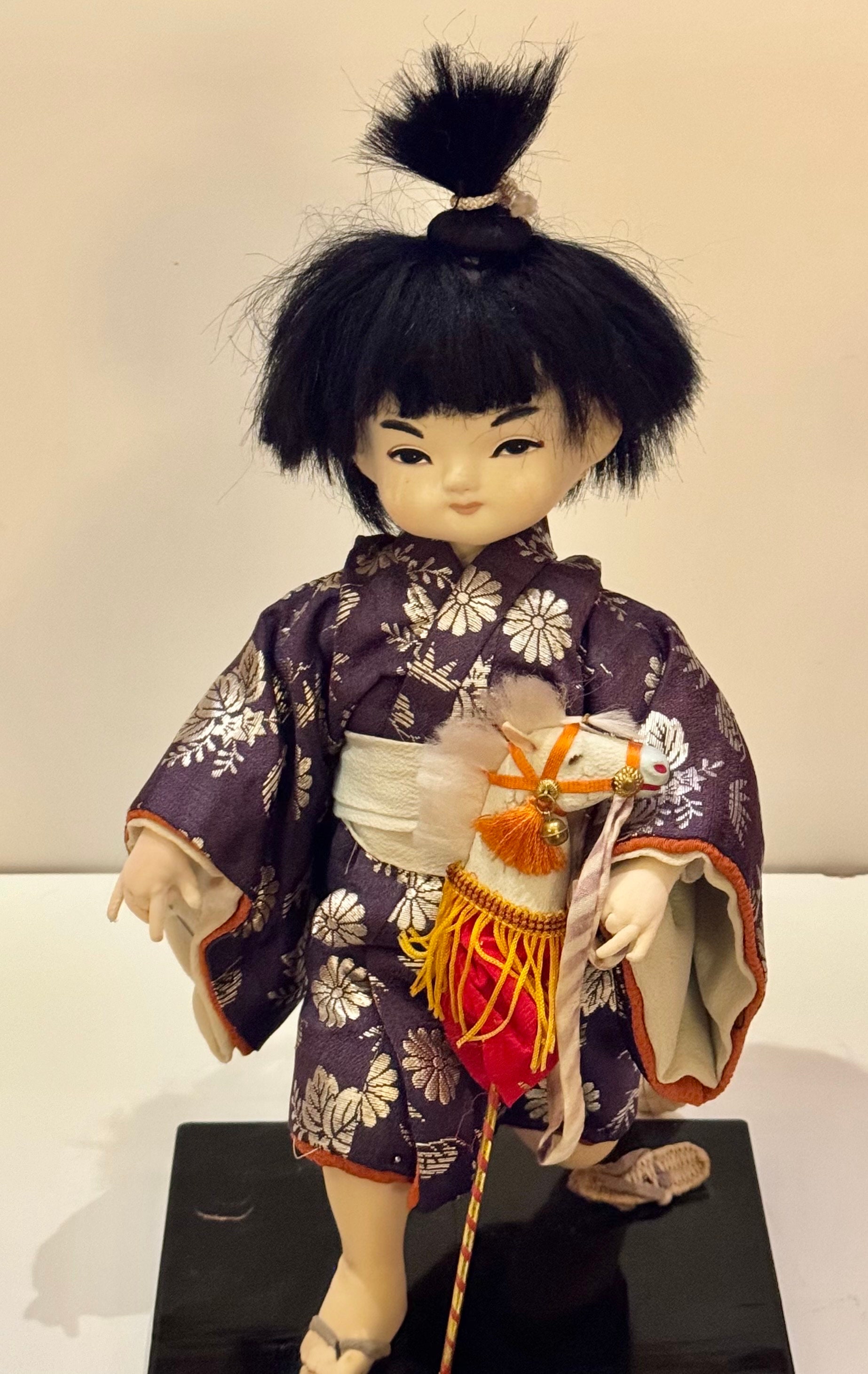 Charming Vintage Japanese Doll Child in Traditional Purple Silk