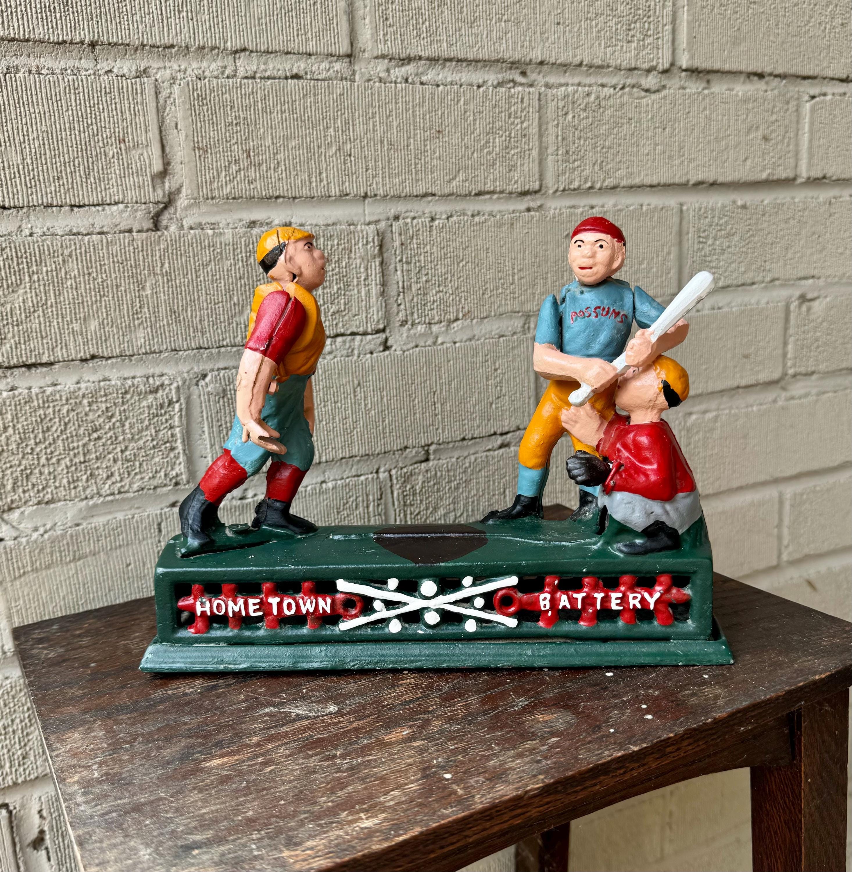 Vintage Cast Iron Hometown Battery Baseball Mechanical Bank