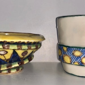 Adorable Small Hand Painted Hand Thrown Ceramic Bowl Studio Art Pottery Finger Bowl Condiment Dish and Cup Artist Signed Anne 1990