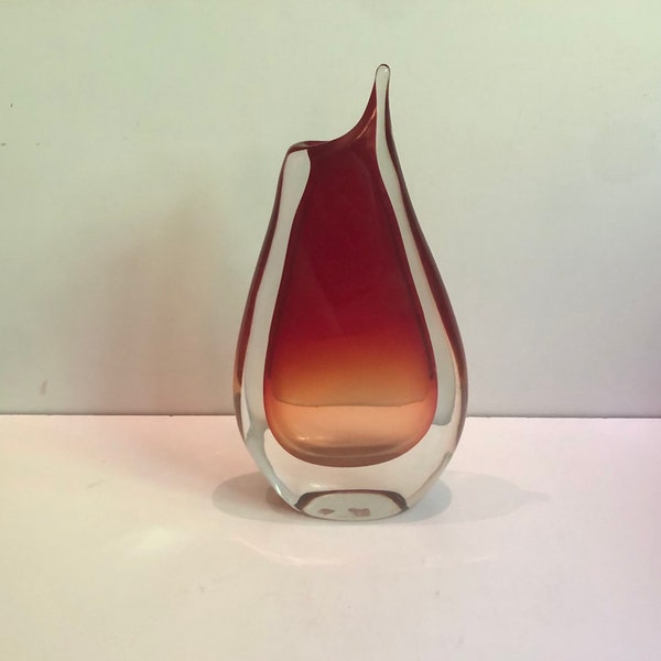 Vintage Hand Blown Murano Art Glass Modernist Sommerso Ruby Volcano Vase Stunning Red and Orange MCM Style Brazilian Antonio Carlos