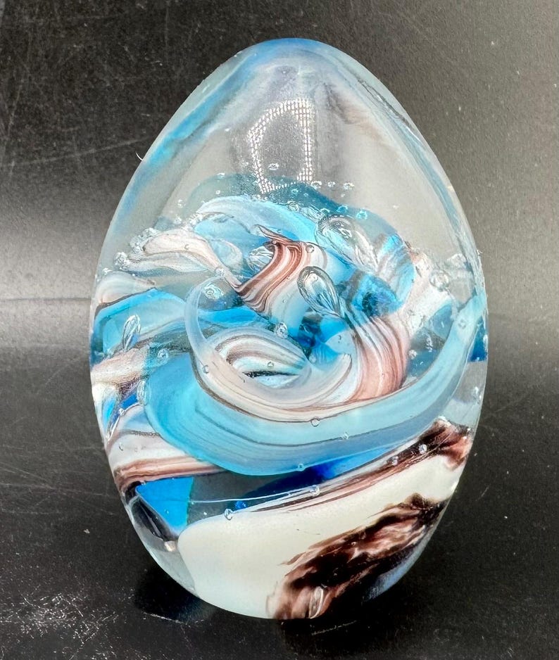 Vintage Art Glass Paperweight Egg Ocean Storm Blue Swirl & Bubbles by ...