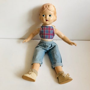 Adorable Art Deco 13” Tall Jointed Antique Composition Doll Snow White Head Form Blue Eyes Halter Top & Denim Jeans Posable Girl 1930s as is
