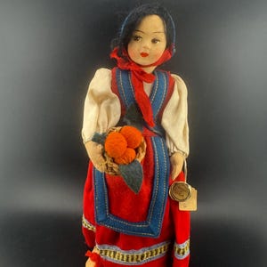 Vtg Italian Folk Art Doll Village Girl Peasant Farmer Lady w Basket of Oranges by Eros Florence Italy Sardegna Costume 10” Sculpture Doll