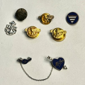 WWII U.S. Military Pin Collection Including Army Air Corps Mothers Pin Air Raid Pins VFW Stars Misc United States Military Pin Collection