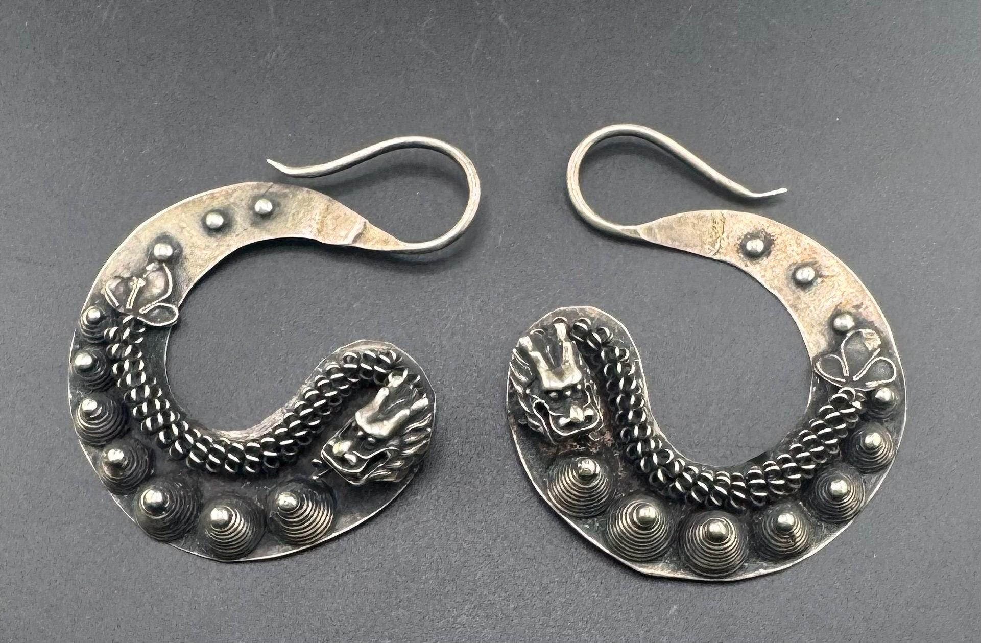 Chinese Qing Dynasty Dragon Earrings Sterling Silver Handmade