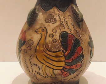 Vintage japanische Keramik Vase handbemalt bunte Vögel & Blumen asiatischer Weedpot