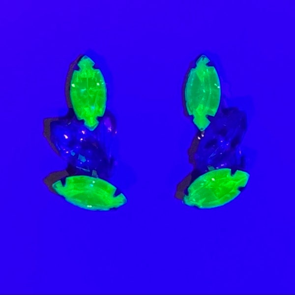 Gorgeous Mid Century Vintage Uranium Glass Rhinestone Earrings Juliana Marquise Stones Glow in the Dark Clips HTF