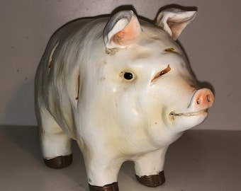 Hand Painted Vintage Farm Pig Hog Figurine Statuette Farmhouse Decor Big Friendly Realistic Piggy