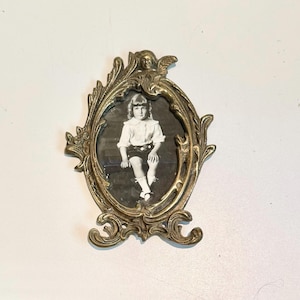 Vintage Brass Victorian Revival Cherub Miniature Picture Frame Free Standing Winged Angel Oval Frame Ornate Baroque Swirls (NO SWIVEL!)