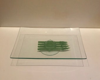 Vintage Postmodern Handblown Asparagus Platter Serving Plate Geometric Base #1146 Prima Donna Art Glass Veggie Collection Modernist Ca 1980s