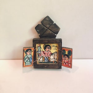 VTG gesneden hout Ethiopisch drieluik icoon Sint Joris dodend draak miniatuur schilderij christelijk-orthodoxe religieuze katholieke heiligdom altaar
