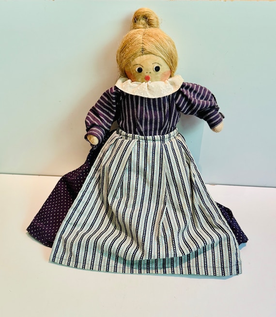 Vintage Handmade Cloth Doll in Purple Dress Striped Dots Apron Homemade Ragdoll Pioneer Woman Country Farmhouse 17 Blonde Folk Art Doll Etsy