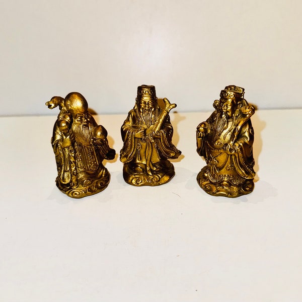 Vintage Brass Chinese Elder Statue Set 3 Feng Shui Fu Lu Shou Wise Men Fuk Luk Sau Star Gods Deity Wealth Prosperity Longevity Luck Statues