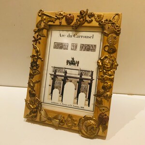 Ornate Victorian Revival Brass Picture Frame Arc de Triomphe du Carrousel Print w Collage Hearts Padlock Cupid Shooting Arrow Skeleton Key
