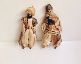 Vintage Turkish Folk Art Doll Couple Man and Woman Culture Dolls in Traditional Matching Outfits Mideastern Travel Mementos