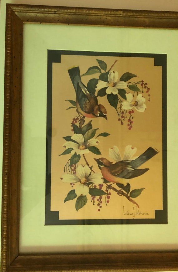 Vintage Bird Print Signed William J. Whiteside Gold Foil Birds on