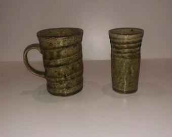 Vintage Hand Turned Mottled Speckled Green Glazed Handled Mug & Matching Cup Ribbed Design Boho Coffee Mug Upcycled Bud Vase Container