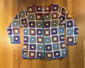 Charming April Cornell Afghan Granny Square Crochet Cardigan Sweater Festive Multicolor Cornell Trading Co Ladies Size Large Cotton Blend