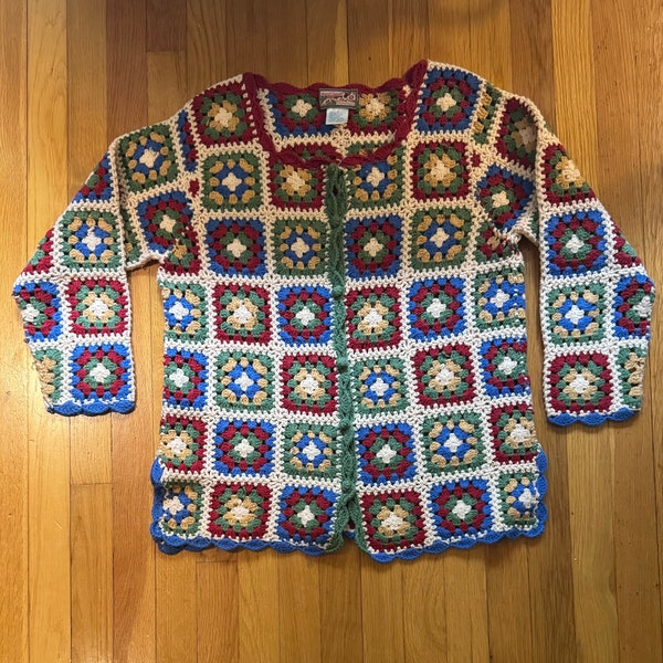 Charming April Cornell Afghan Granny Square Crochet Cardigan Sweater Festive Multicolor Cornell Trading Co Ladies Size Large Cotton Blend