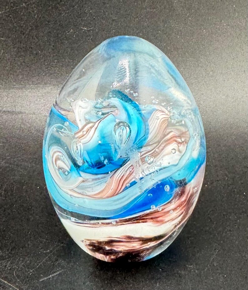 Vintage Art Glass Paperweight Egg Ocean Storm Blue Swirl & Bubbles by ...