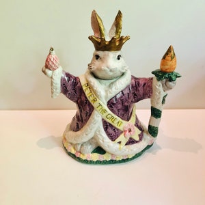 Large Anthropomorphic Vintage Fitz & Floyd Peter the Great Teapot Woodland Bunny Rabbit Easter Basket Omnibus 1992 Majolica Tea Pot AS IS