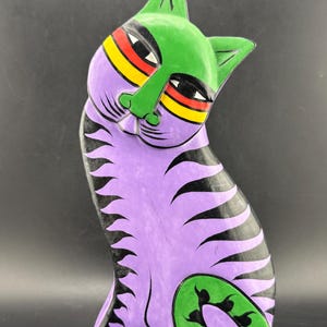Vintage Laurel Burch Style Cat Statue Balinese Wood Carved Bright Purple & Black Striped Kitty Sculpture Kitten Lover Gift