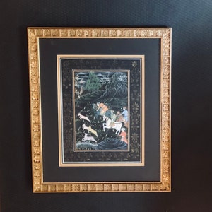Vintage Indian Mughal Hunting Painting Rajasthani Hindu Mythology Bhagavad Gita Hindi Altar Framed Wall Art Gazelles Dieties India Myths