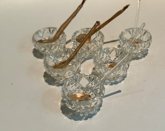 Vintage Bohemia vidrio cristal salero a juego cuchara de sal conjunto nuevo/viejo miniatura sin usar checo vidrio sal cuencos elegante vajilla Orig caja