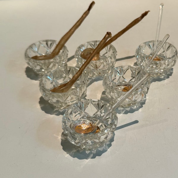 Vintage Bohemia Glass Crystal Salt Cellar Matching Salt Spoon Set New/Old Unused Miniature Czech Glass Salt Bowls Elegant Tableware Orig Box