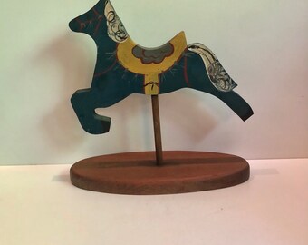 Vintage Hand Painted Folk Art Wooden Miniature Merry Go Round Carousel Horse on Stand Whimsical Primitive Country Farmhouse