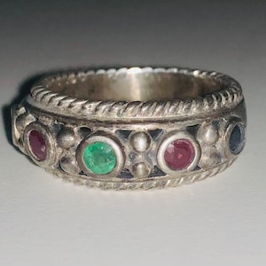 Lovely Vintage Multi Stone Thai Sterling Silver Grandmother&#39;s Ring Faceted Birthstone Stacking Band Hippie Boho Thailand CNA Silver Ring