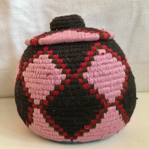 Fabulous Handmade Pink & Black Lidded Basket Moroccan Berber Basket African Berber Basket Storage Keepsake Box