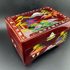 Vtg Japanese Lacquered Jewelry Box Pagodas Mt Fuji Landscape Red Music Box Abalone Inlay Fitted Mirrored Interior Asian Lacquerware AS IS