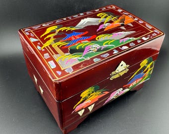 VTG Japanse gelakte sieradendoos pagodes Mount Fuji landschap rode muziekdoos Abalone inlegwerk voorzien gespiegeld interieur Aziatisch lakwerk AS IS
