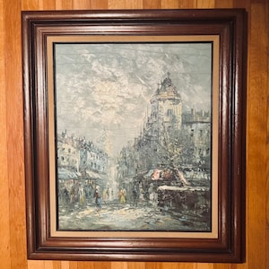 Mid Century French Impressionist Oil Painting on Canvas Paris Street Scene 1960s Parisian Streetscape