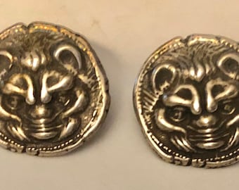 Vtg Sterling Mask Earrings 1992 MMA Grecian Lions Gargoyle Animal Face Pierced MMA/KHM Metropolitan Museum of Art Ancient Coin Replicas