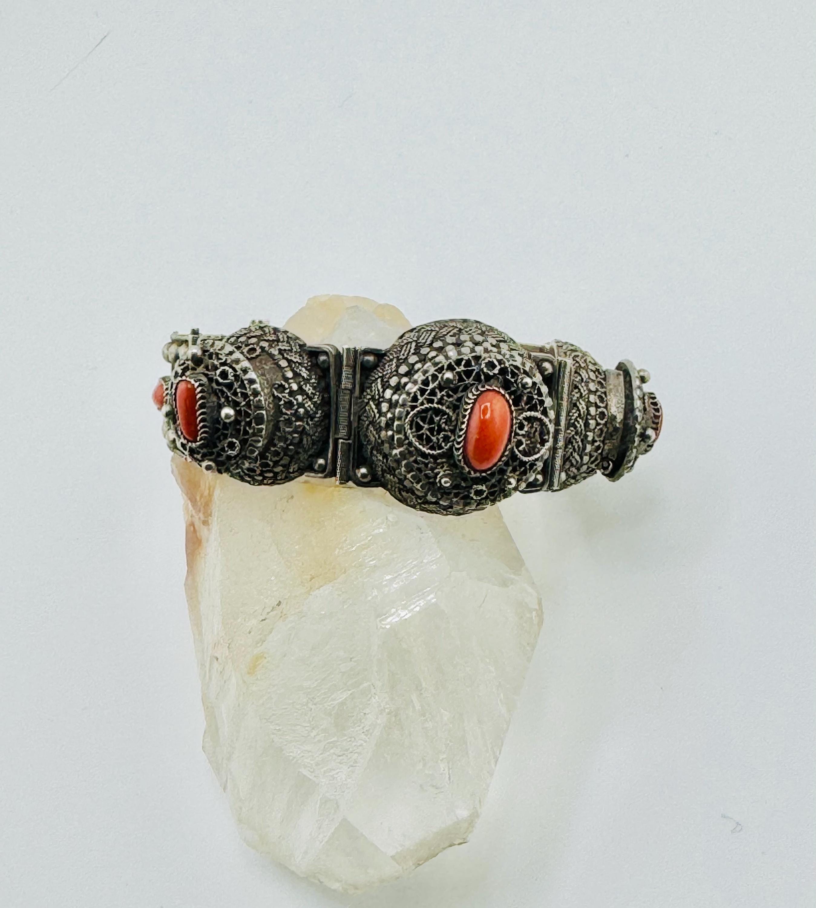 Vintage 800 Silver Filigree Coral Cuff Bracelet With Secret