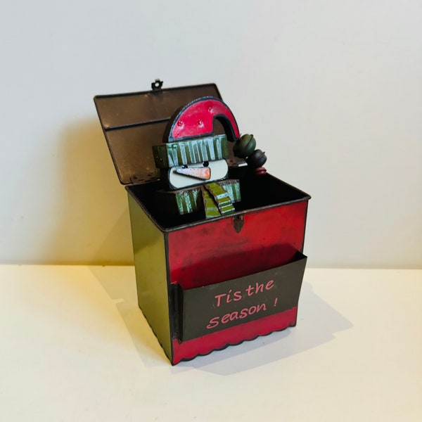 Whimsical Metal Folk Art Snowman Jack in the Box Tis The Season Christmas Ornament Decor Secret Stash Box Spring Loaded Stocking Stuffer