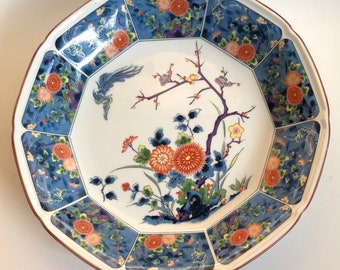 Beautiful Vintage Chinese Chinoiserie Bowl Chrysanthemums Bird Cherry Blossom Trees Blue and Orange Centerpiece Charger