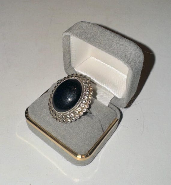 Vintage Art Deco Onyx Marcasite Ring Large Cabochon Stone Size
