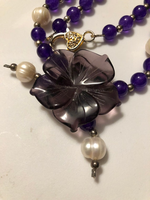 Fabulous Hand Carved Amethyst Flower Pendant Neck… - image 3