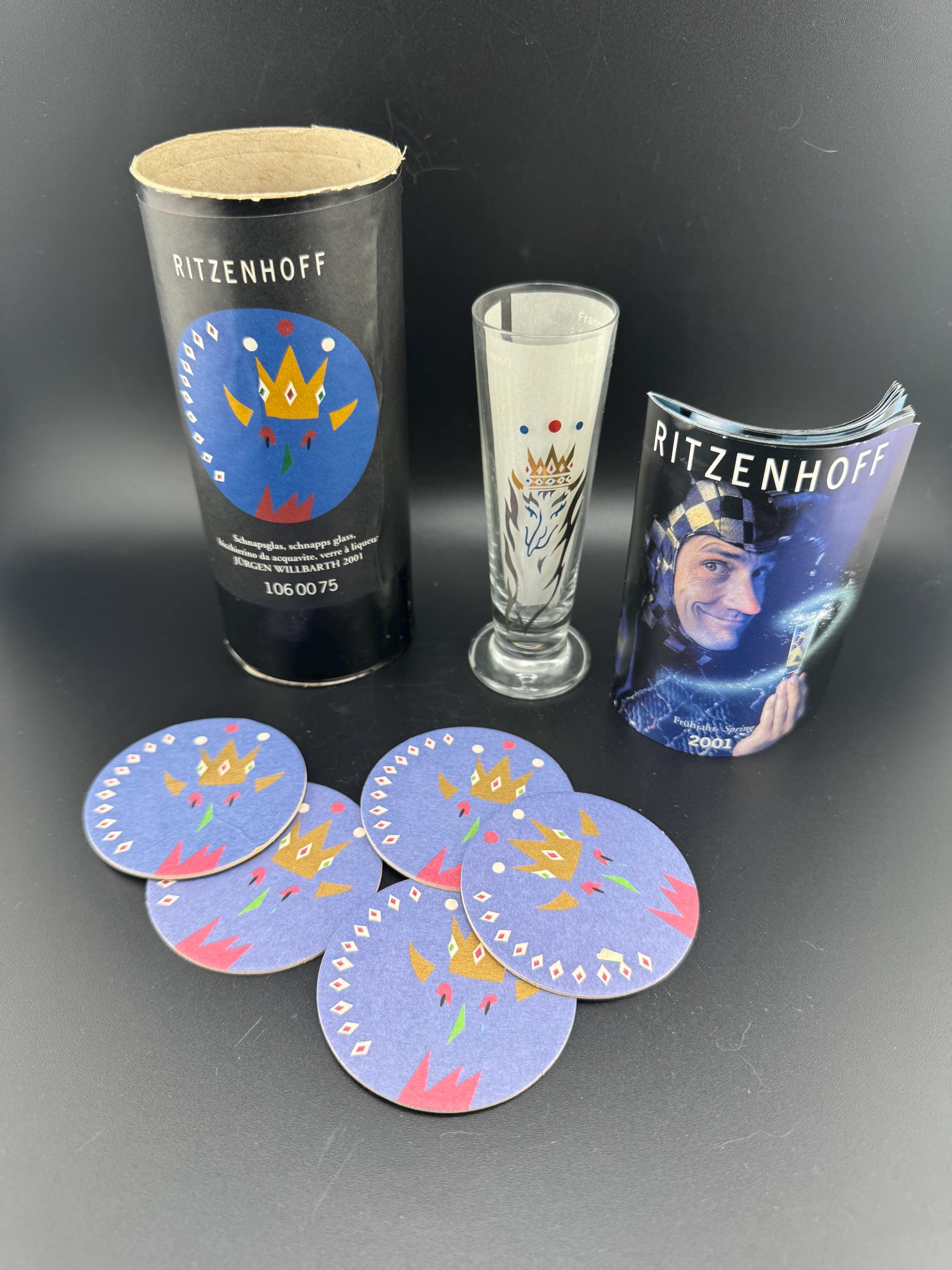 Vtg 2001 MCM Ritzenhoff Schnapsglas Jurgen Willbarth Scandinavian Schnapps Shot Glass Coasters Orig Box 1060075 Made in Germany German