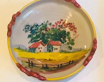Fabulous Vintage Peruvian Pottery Serving Bowl w Handles Centerpiece Fruit Bowl Scenic Rural Farmhouse Peru Folk Art Pottery Rustic Crazing